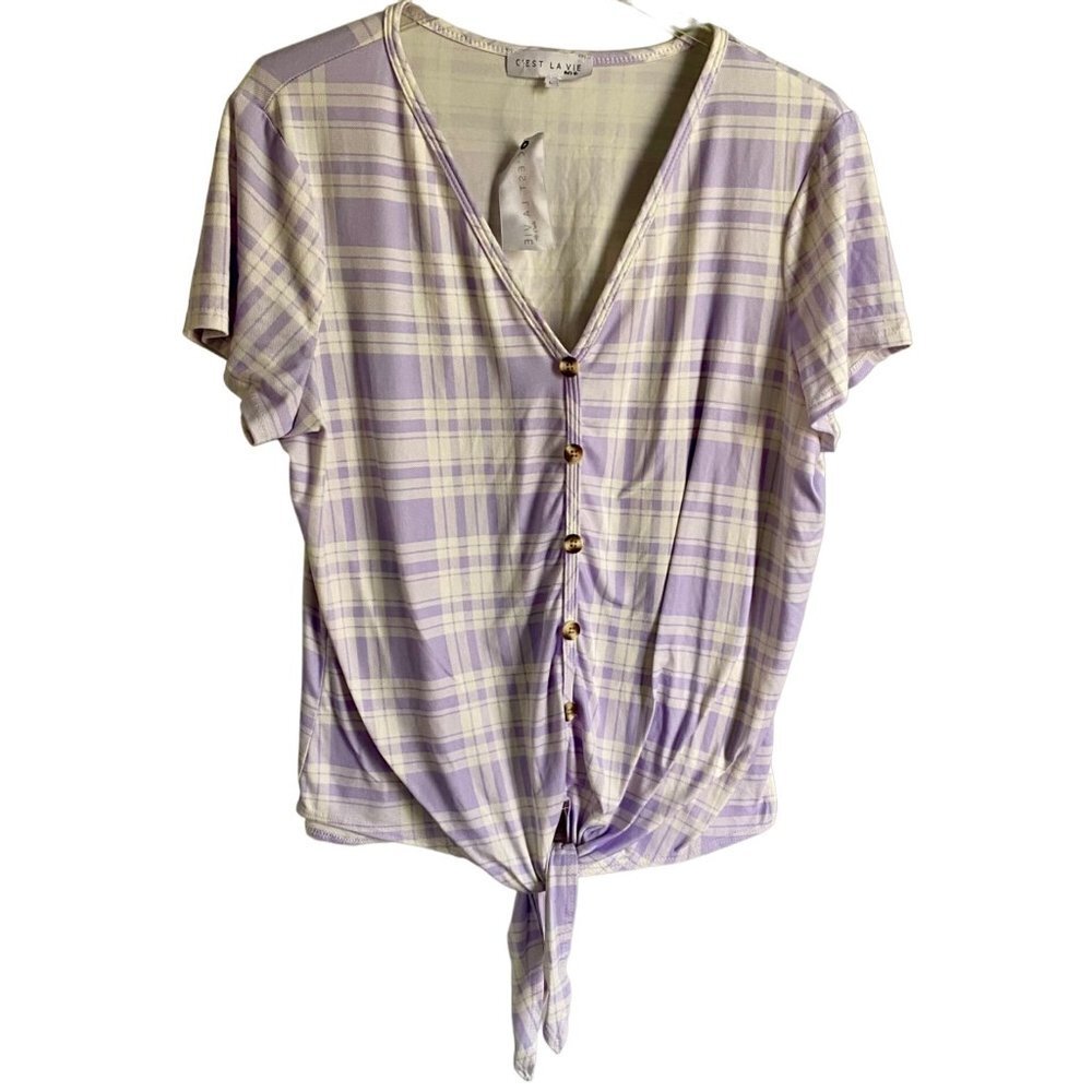 C'est La Vie Purple White Short Sleeve Top Front Tie Large NEW Super Soft